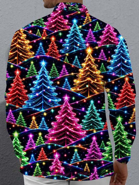Adaychic Men's Graphic Neon Christmas Trees Print Long Sleeve Shirt with Chest Pocket