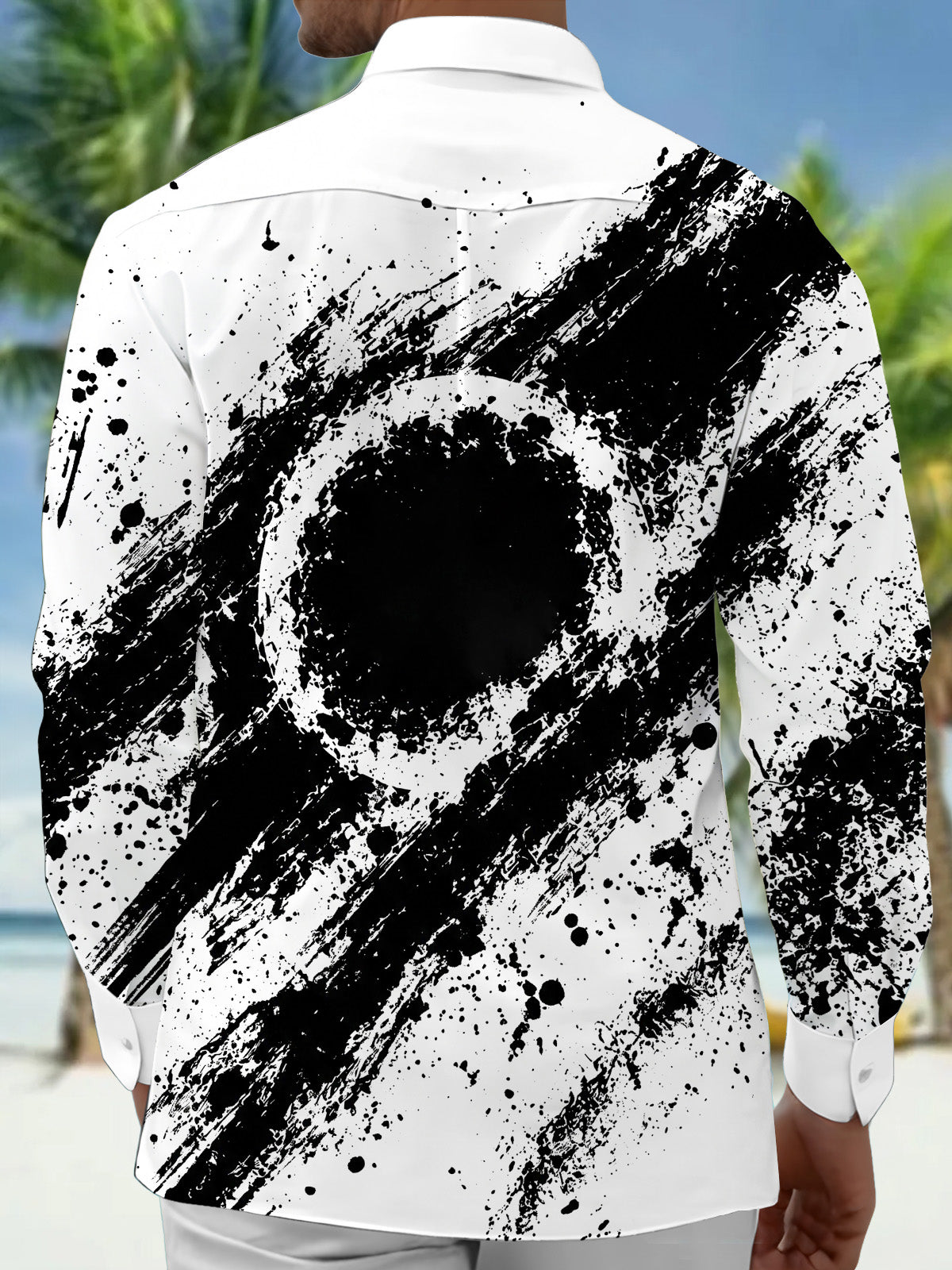 Adaychic Men's Abstract Black And White Ink Splatter Print Long Sleeve Shirt with Chest Pocket
