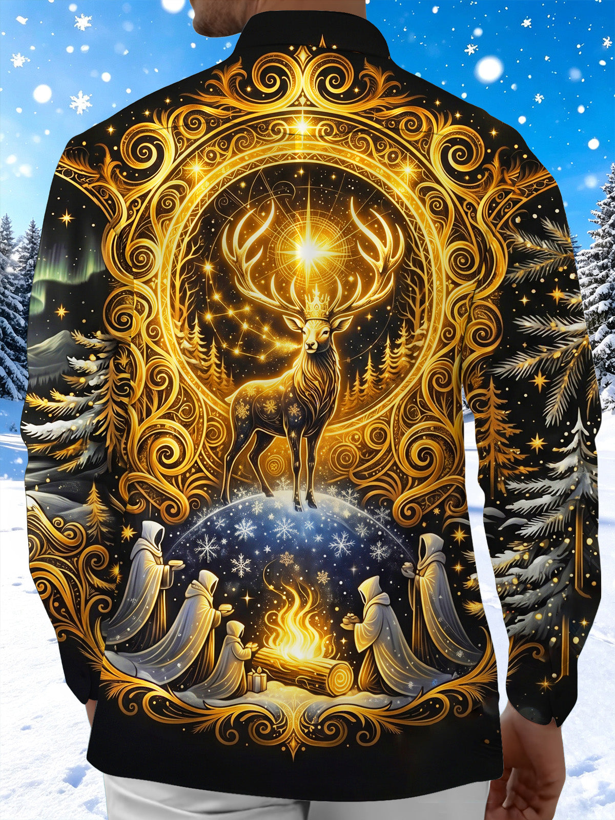 Adaychic Men's Graphic Golden Crowned Deer And Bonfire Print Long Sleeve Shirt with Chest Pocket