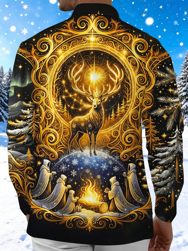 Adaychic Men's Graphic Golden Crowned Deer And Bonfire Print Long Sleeve Shirt with Chest Pocket