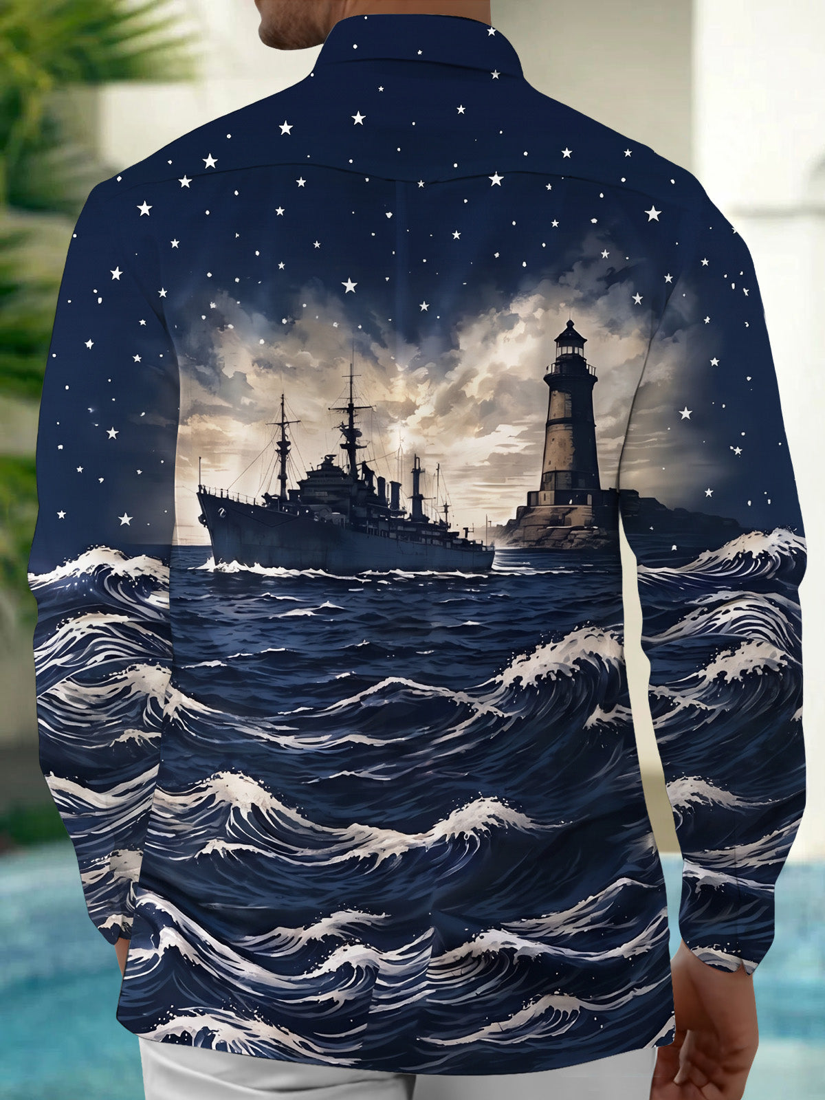 Adaychic Men's Lighthouse And Battleship On Ocean Waves Print Long Sleeve Shirt with Chest Pocket