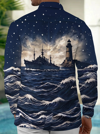 Adaychic Men's Lighthouse And Battleship On Ocean Waves Print Long Sleeve Shirt with Chest Pocket