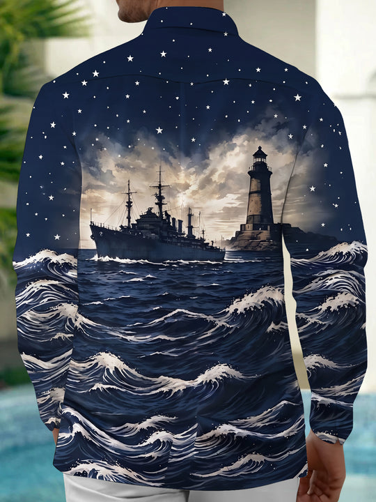 Adaychic Men's Lighthouse And Battleship On Ocean Waves Print Long Sleeve Shirt with Chest Pocket