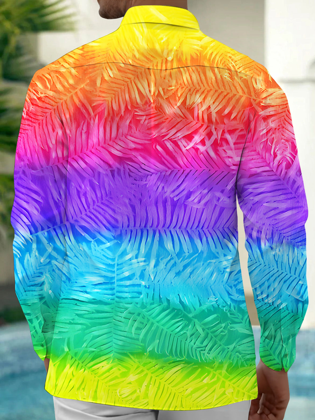 Adaychic Men's Tropical Rainbow Gradient Palm Leaf Print Long Sleeve Button Down Shirt with Chest Pocket
