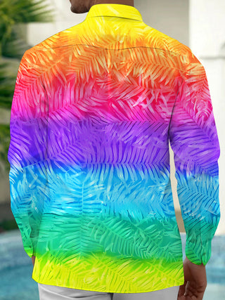 Adaychic Men's Tropical Rainbow Gradient Palm Leaf Print Long Sleeve Button Down Shirt with Chest Pocket