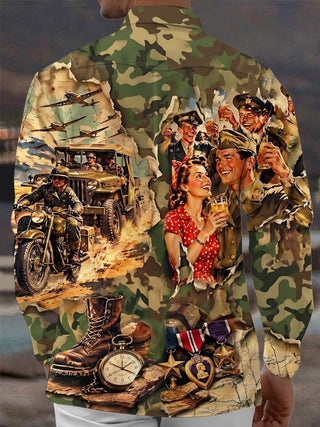 Adaychic Men's Short Sleeve Shirt - Vintage Military Soldiers And Pin-up Girl Print with Chest Pocket