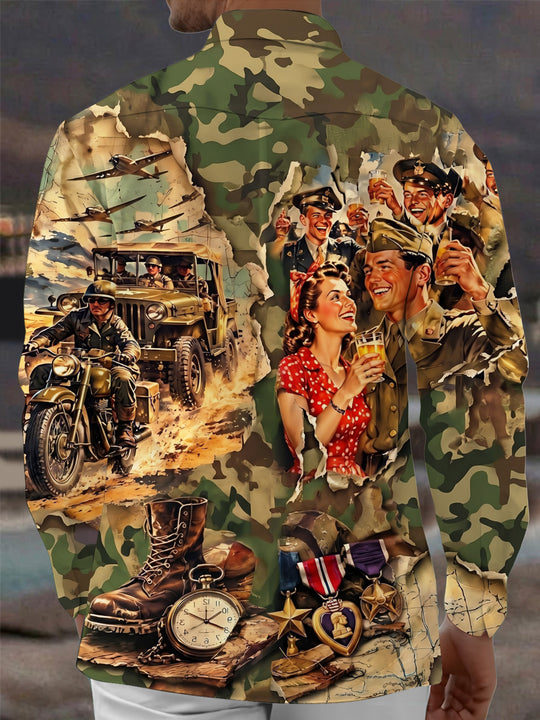 Adaychic Men's Short Sleeve Shirt - Vintage Military Soldiers And Pin-up Girl Print with Chest Pocket