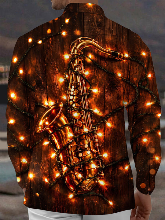 Adaychic Men's Saxophone And Christmas Light String Print Long Sleeve Shirt with Chest Pocket