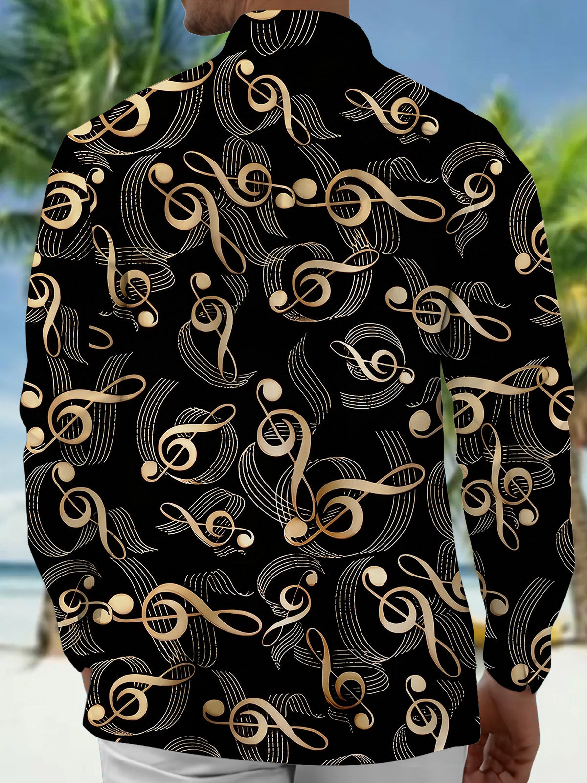 Adaychic Men's Printed Musical Notes Pattern Long Sleeve Shirt with Chest Pocket