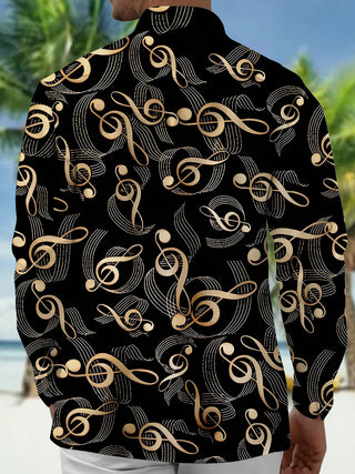 Adaychic Men's Printed Musical Notes Pattern Long Sleeve Shirt with Chest Pocket