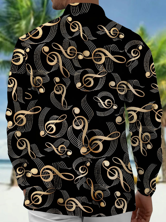 Adaychic Men's Printed Musical Notes Pattern Long Sleeve Shirt with Chest Pocket