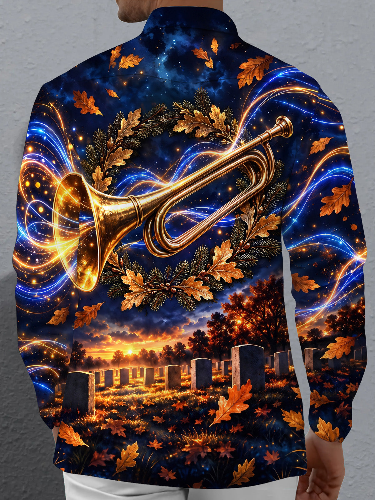 Adaychic Men's Long Sleeve Shirt - Veterans Day Golden Trumpet And Autumn Leaves Print with Chest Pocket