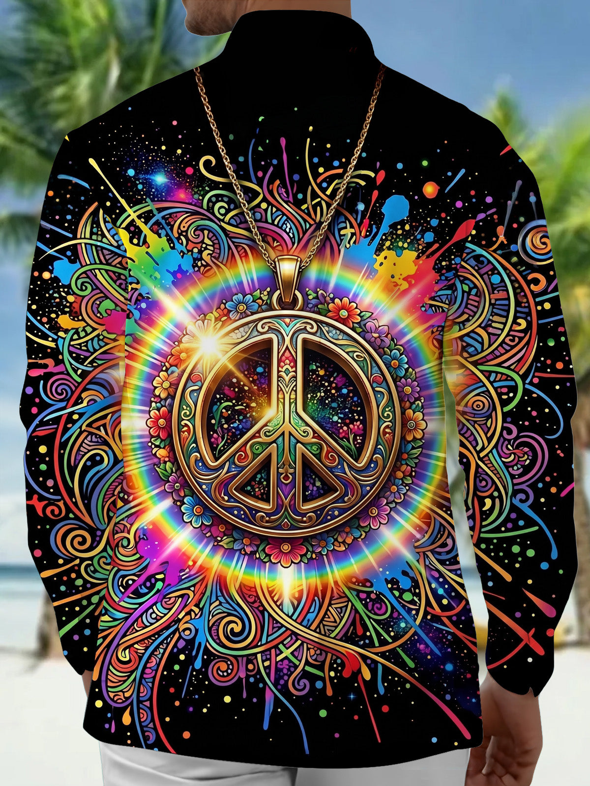 Adaychic Men's Retro Rainbow Peace Symbol Print Long Sleeve Shirt with Chest Pocket