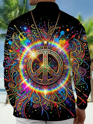 Adaychic Men's Retro Rainbow Peace Symbol Print Long Sleeve Shirt with Chest Pocket