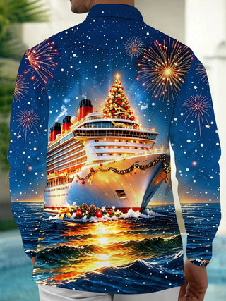 Adaychic Men's Graphic Christmas Cruise Ship Print Long Sleeve Shirt with Chest Pocket