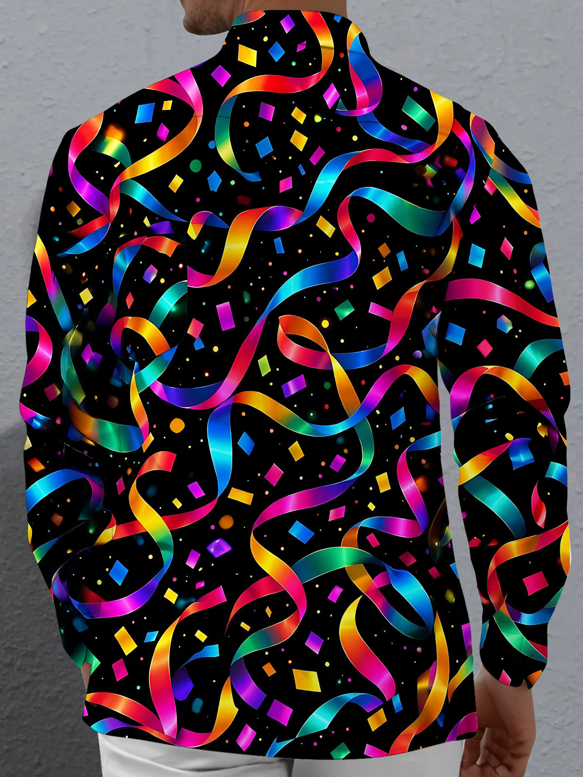 Adaychic Men's Patterned Colorful Ribbons And Confetti Print Long Sleeve Shirt with Chest Pocket