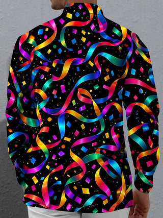 Adaychic Men's Patterned Colorful Ribbons And Confetti Print Long Sleeve Shirt with Chest Pocket