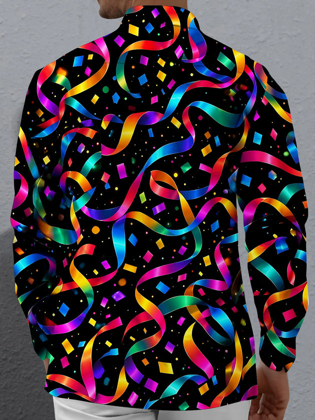Adaychic Men's Patterned Colorful Ribbons And Confetti Print Long Sleeve Shirt with Chest Pocket