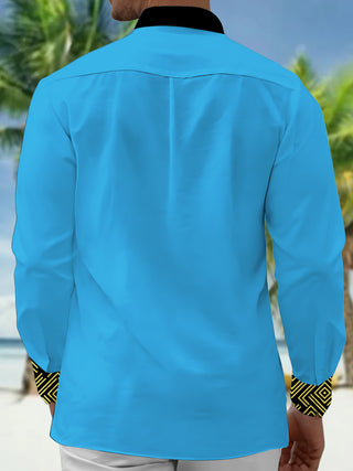 Adaychic Men's Patterned Geometric Gold Lines On Black Print Long Sleeve Shirt with Chest Pocket