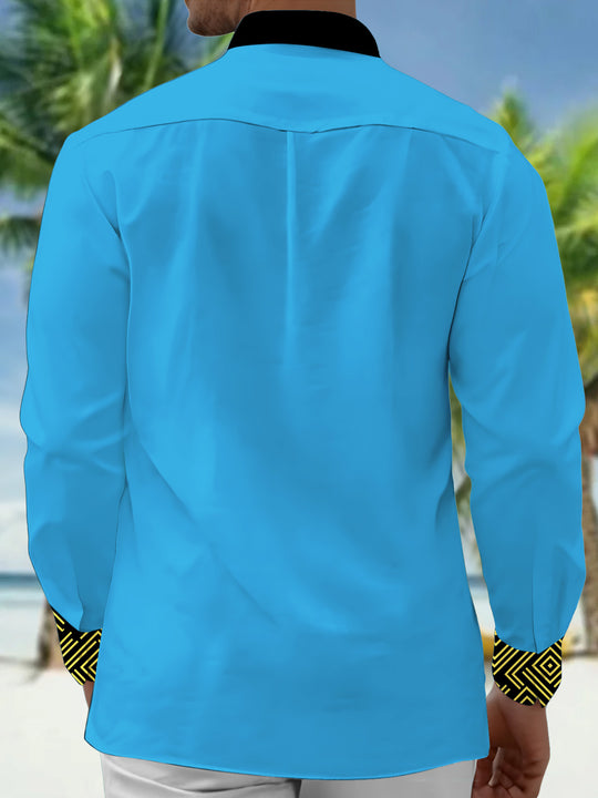 Adaychic Men's Patterned Geometric Gold Lines On Black Print Long Sleeve Shirt with Chest Pocket