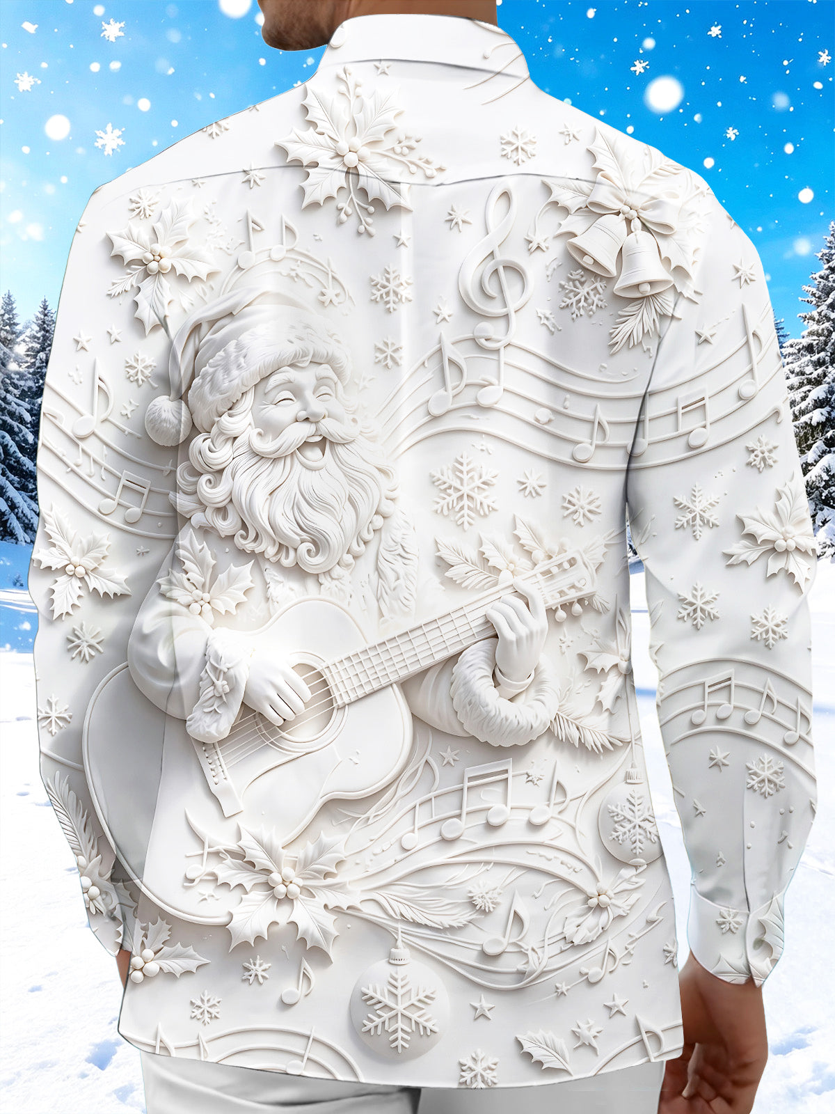Adaychic 3D Relief Santa Claus Music Men's Pocket Long Sleeve Shirts