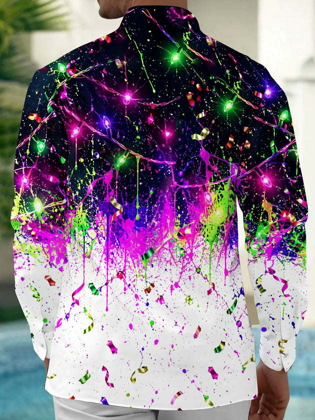 Adaychic Men's Graphic Christmas Lights And Confetti Print Long Sleeve Shirt with Chest Pocket