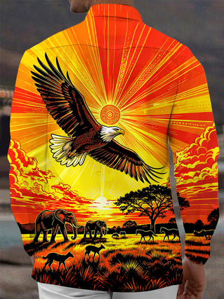 Adaychic Men's Vintage Style Bald Eagle Print Long Sleeve Shirt with Chest Pocket