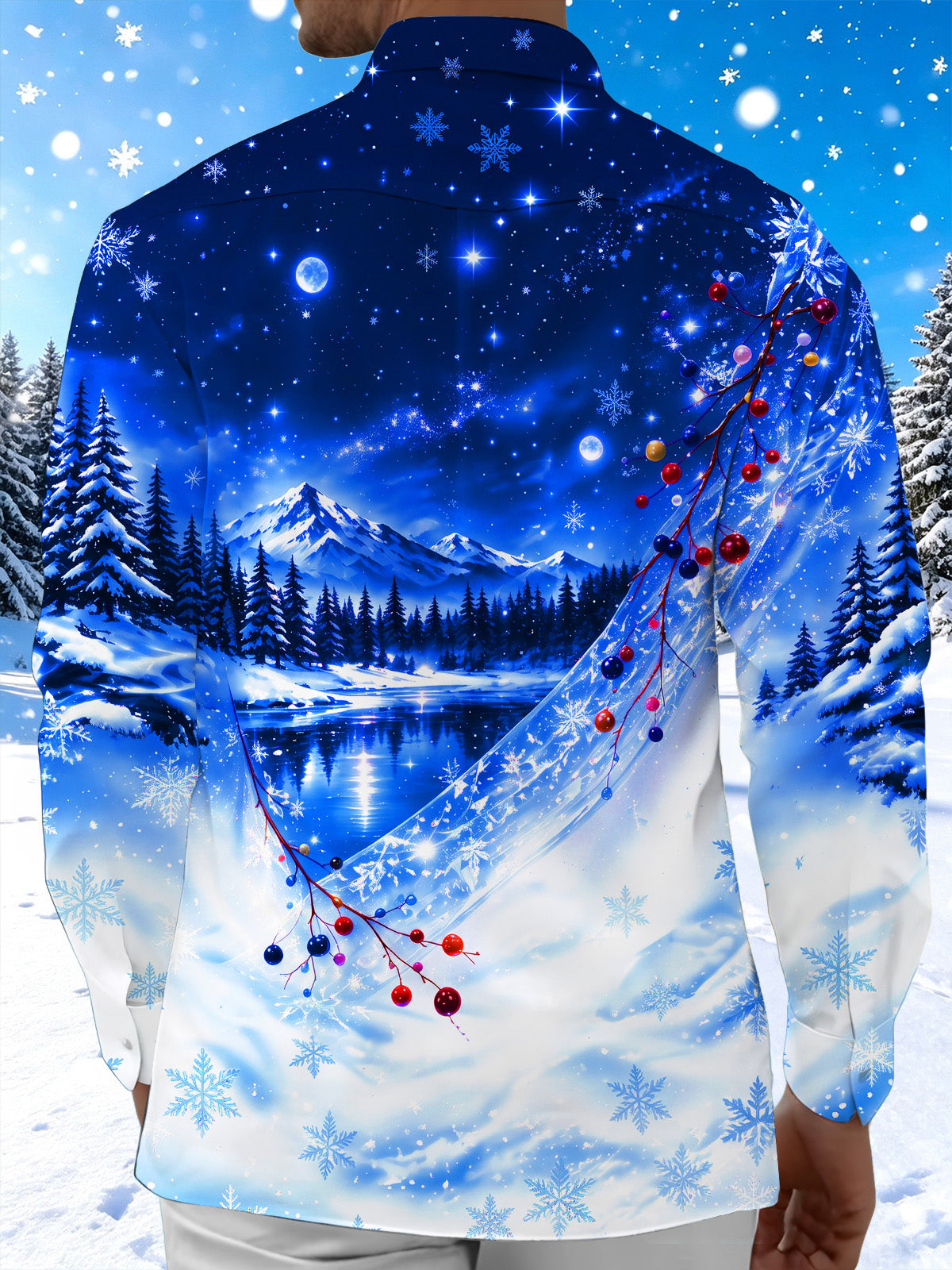 Adaychic Men's Winter Snow Mountain Forest Landscape Print Long Sleeve Shirt with Chest Pocket