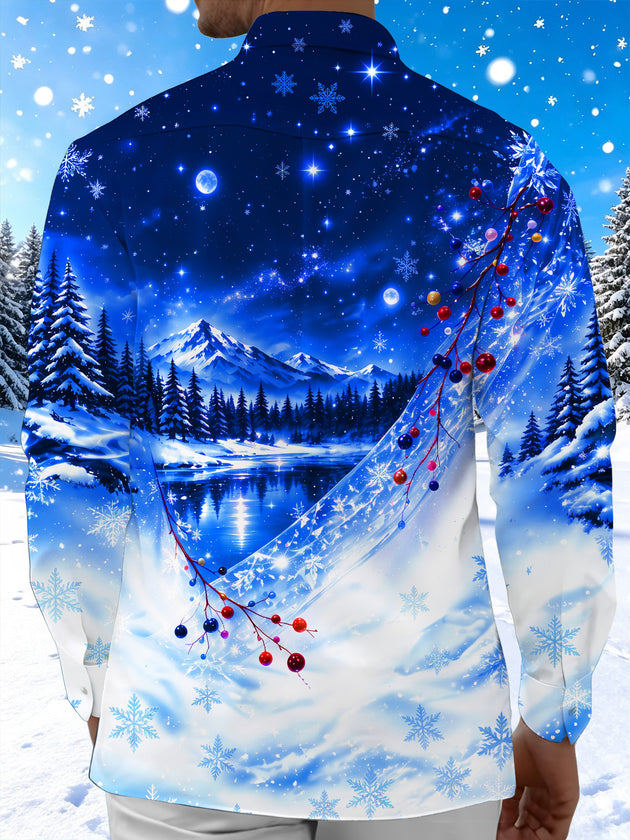 Adaychic Men's Winter Snow Mountain Forest Landscape Print Long Sleeve Shirt with Chest Pocket