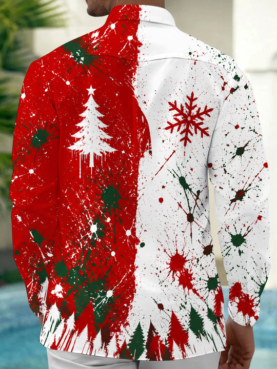 Adaychic Men's Long Sleeve Shirt - Christmas Tree And Snowflake With Paint Splatter Print with Chest Pocket
