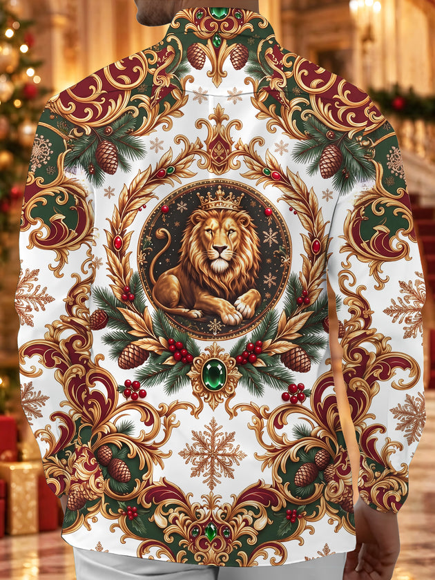 Adaychic Men's Crowned Lion And Christmas Wreath Print Long Sleeve Shirt with Chest Pocket