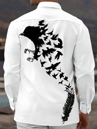 Adaychic Men's Graphic Crow Silhouette Print Long Sleeve Shirt with Chest Pocket