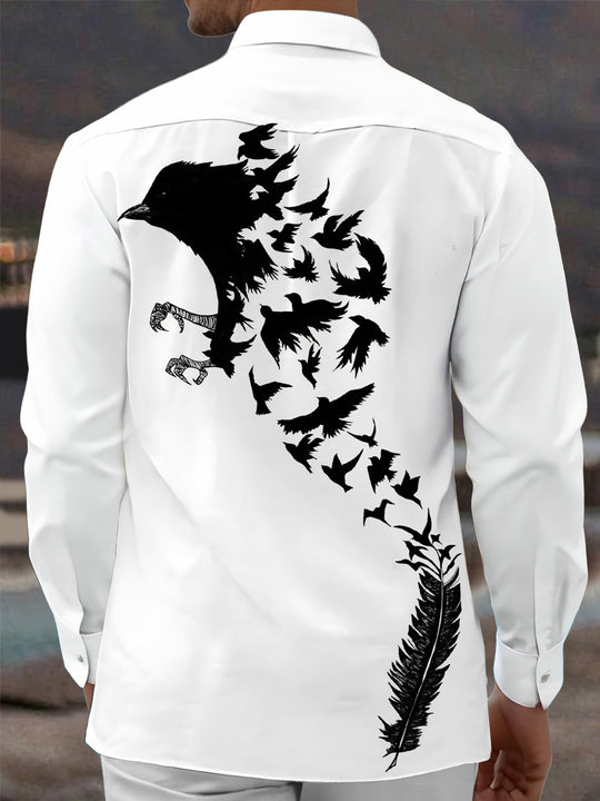Adaychic Men's Graphic Crow Silhouette Print Long Sleeve Shirt with Chest Pocket