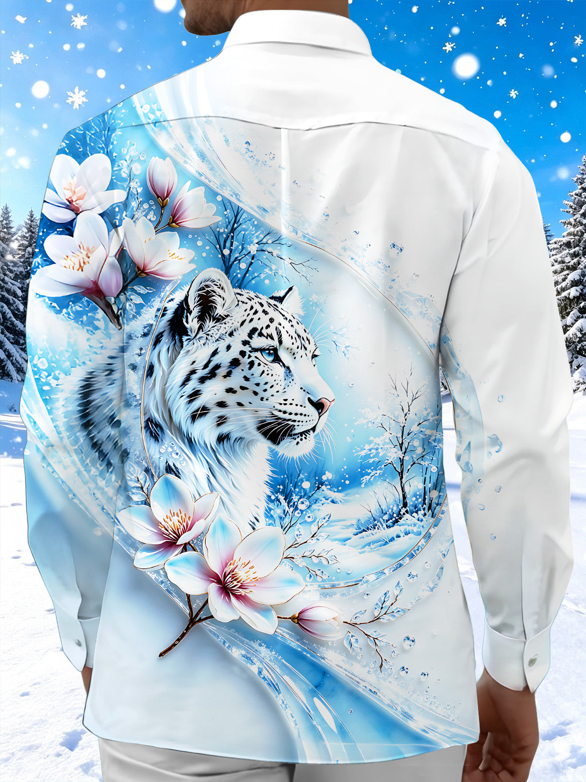 Adaychic Men's Printed Snow Leopard Print Long Sleeve Shirt with Chest Pocket