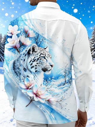 Adaychic Men's Printed Snow Leopard Print Long Sleeve Shirt with Chest Pocket