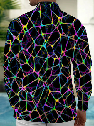 Adaychic Men's Abstract Neon Geometric Web Print Long Sleeve Shirt with Chest Pocket