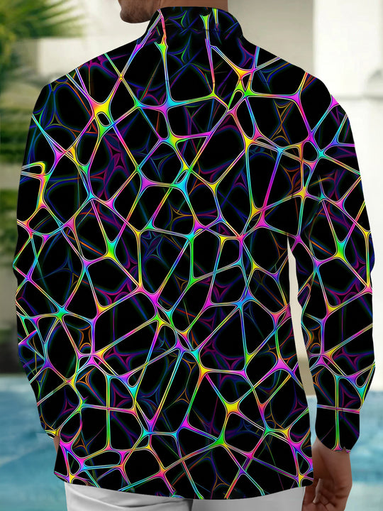Adaychic Men's Abstract Neon Geometric Web Print Long Sleeve Shirt with Chest Pocket