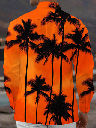 Adaychic Men's Hawaiian Palm Tree Silhouette Print Long Sleeve Shirt with Chest Pocket