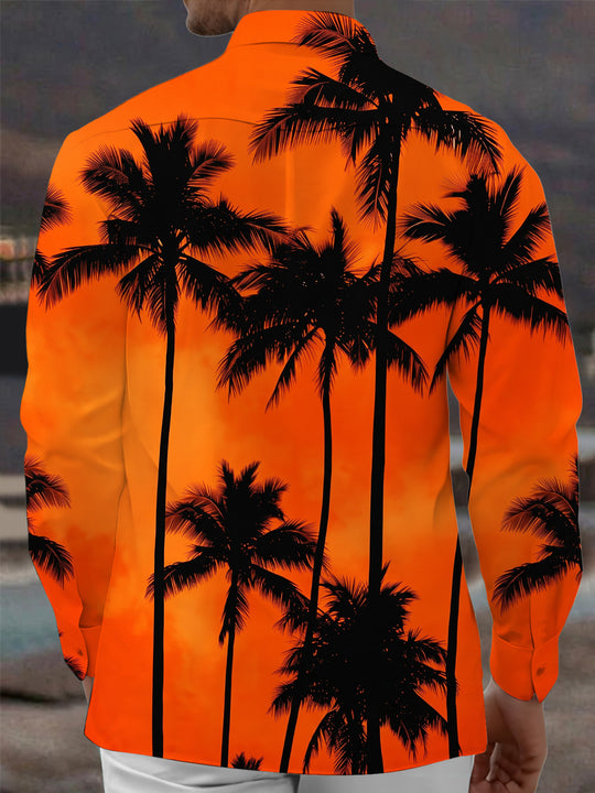 Adaychic Men's Hawaiian Palm Tree Silhouette Print Long Sleeve Shirt with Chest Pocket