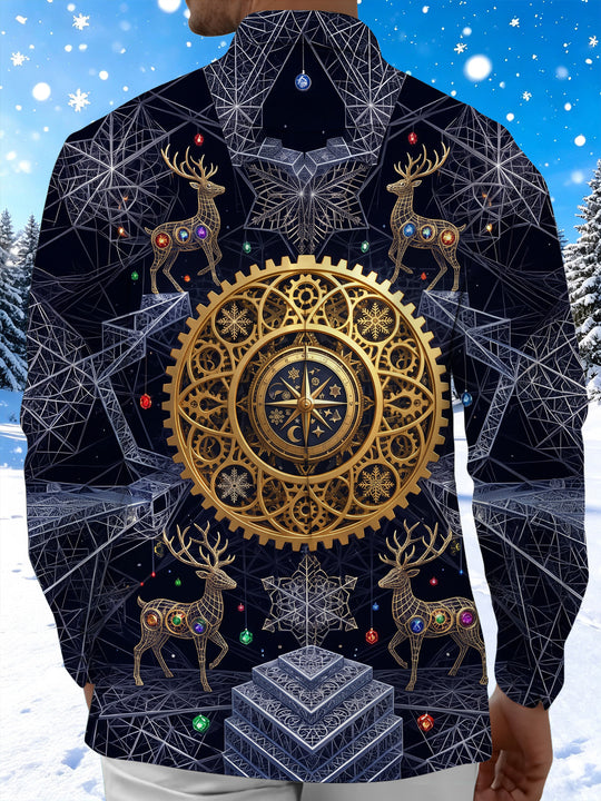 Adaychic Men's Long Sleeve Shirt - Geometric Reindeer And Christmas Ornaments Print with Chest Pocket