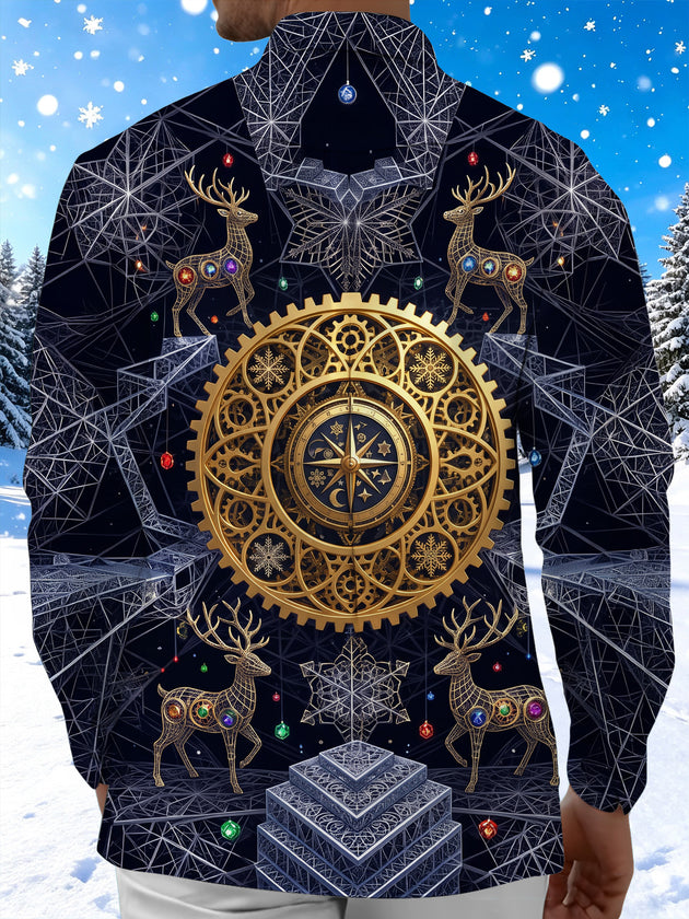 Adaychic Men's Long Sleeve Shirt - Geometric Reindeer And Christmas Ornaments Print with Chest Pocket