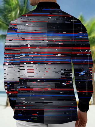 Adaychic Men's Striped Abstract Digital Glitch Lines Print Long Sleeve Shirt with Chest Pocket