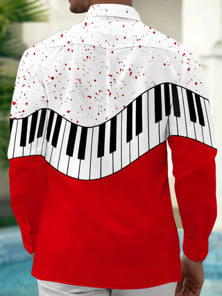 Adaychic Men's Graphic Piano Keyboard And Red Splatter Print Long Sleeve Shirt with Chest Pocket