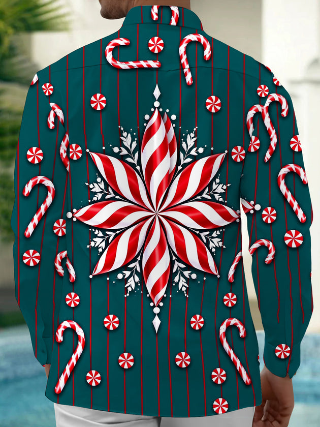 Adaychic Men's Long Sleeve Shirt - Christmas Candy Cane And Peppermint Snowflake Print with Chest Pocket
