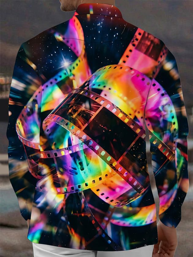 Adaychic Men's Long Sleeve Shirt - Colorful Film Strips And Space Background Print with Chest Pocket