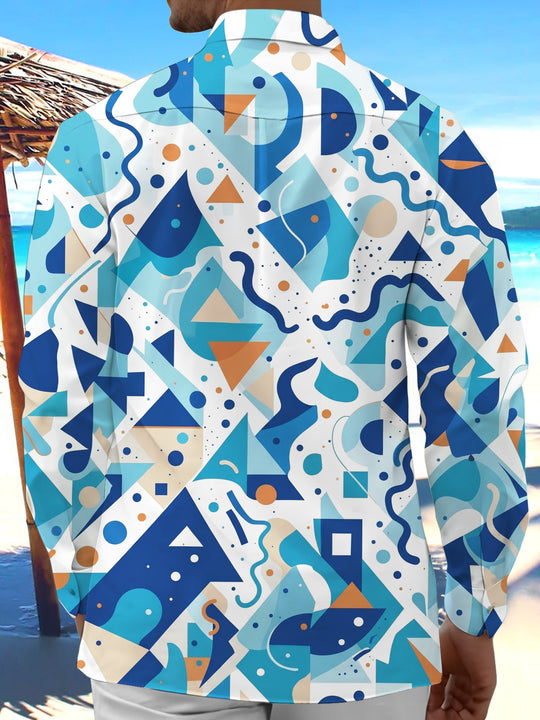 Adaychic Blue Orange Geometric Abstract Pattern Men's Pocket Long Sleeve Shirts