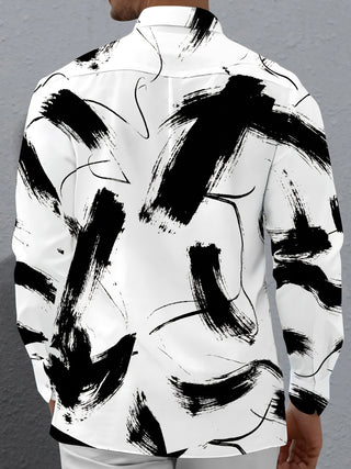 Adaychic Men's Printed Abstract Black Brushstrokes Print Long Sleeve Shirt with Chest Pocket
