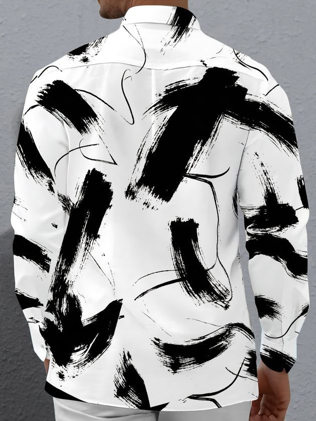 Adaychic Men's Printed Abstract Black Brushstrokes Print Long Sleeve Shirt with Chest Pocket