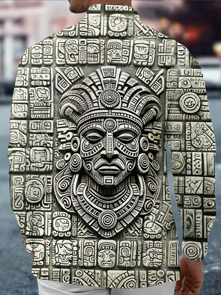 Adaychic Mayan Stone Carving Mask Men's Pocket Long Sleeve Shirts