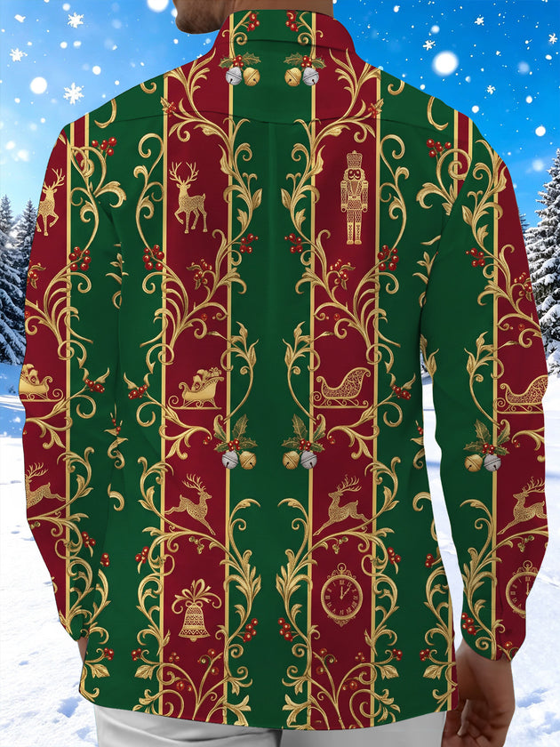 Adaychic Men's Long Sleeve Shirt - Christmas Nutcracker Reindeer Sleigh And Clock Motif Print with Chest Pocket